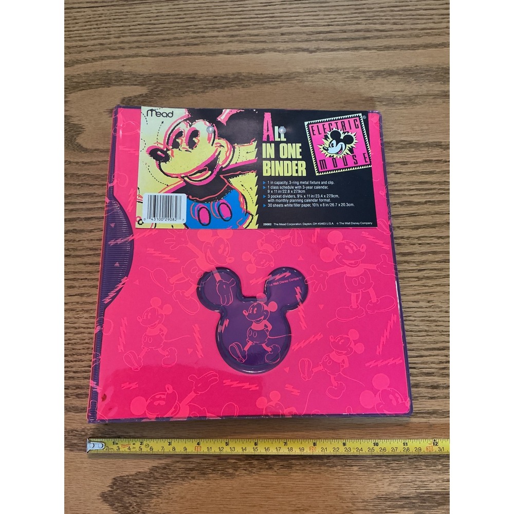 Vintage 1990 Mead Mickey Mouse Electric Mouse 3 Ring Binder Neon Pink 29082
